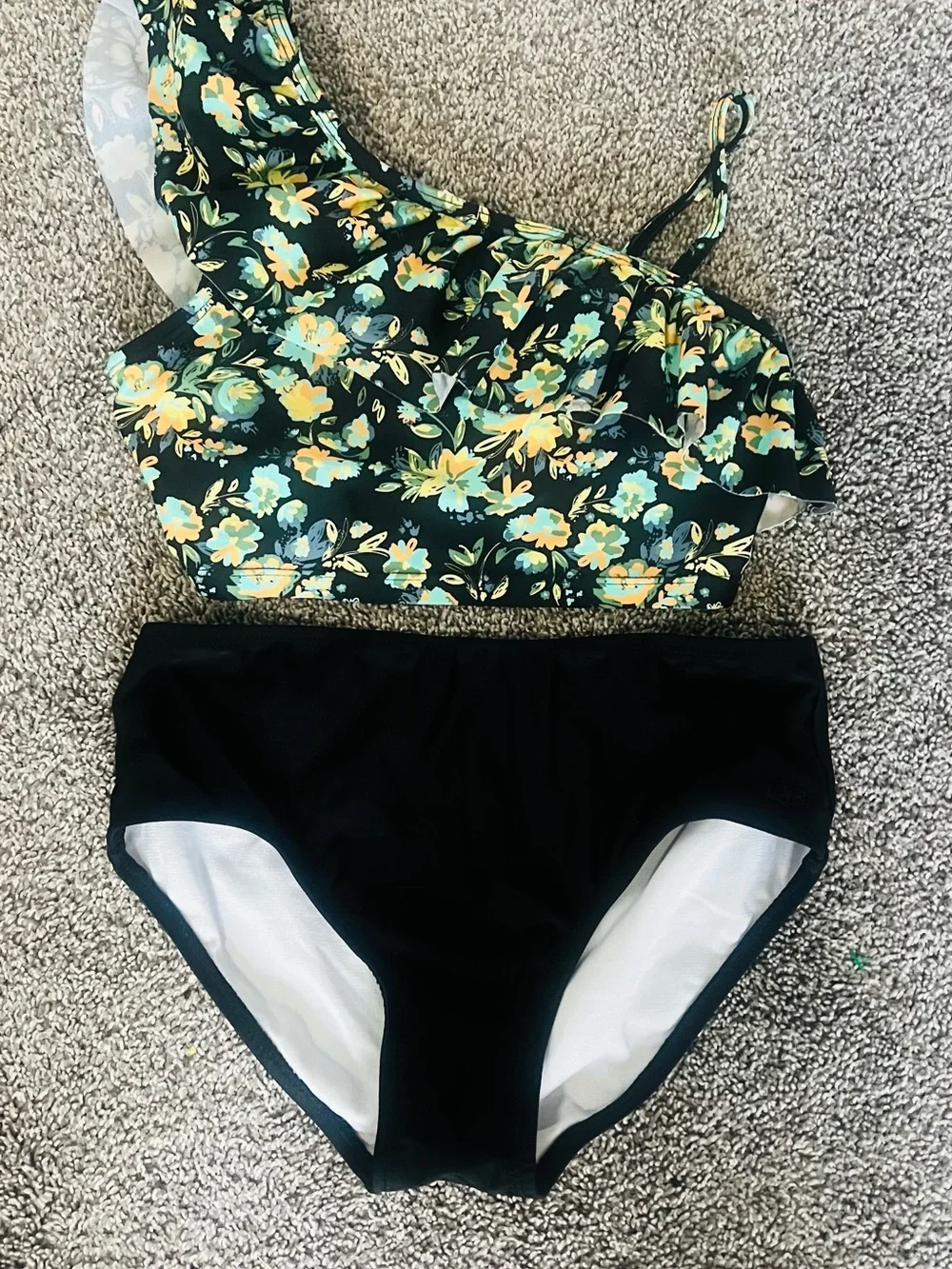 Ruffle Butts Black Floral Ruffle Two-Piece Bikini with Yellow Accents